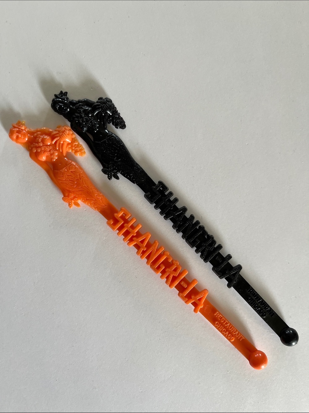 2 Vtg Shangri La Chicago Restaurant Swizzle Sticks Tiki Orange Black Hula Girls